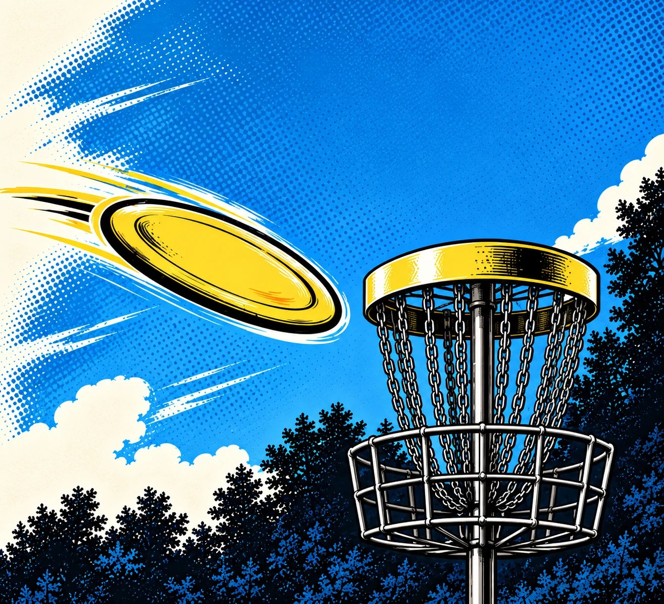 A yellow disc soaring toward a disc golf basket, illustrated in bold comic-book colors.